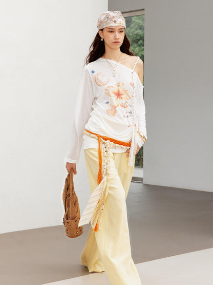 2th Desire Relaxed Linen Pants With Vintage Lace Trim Waistband
