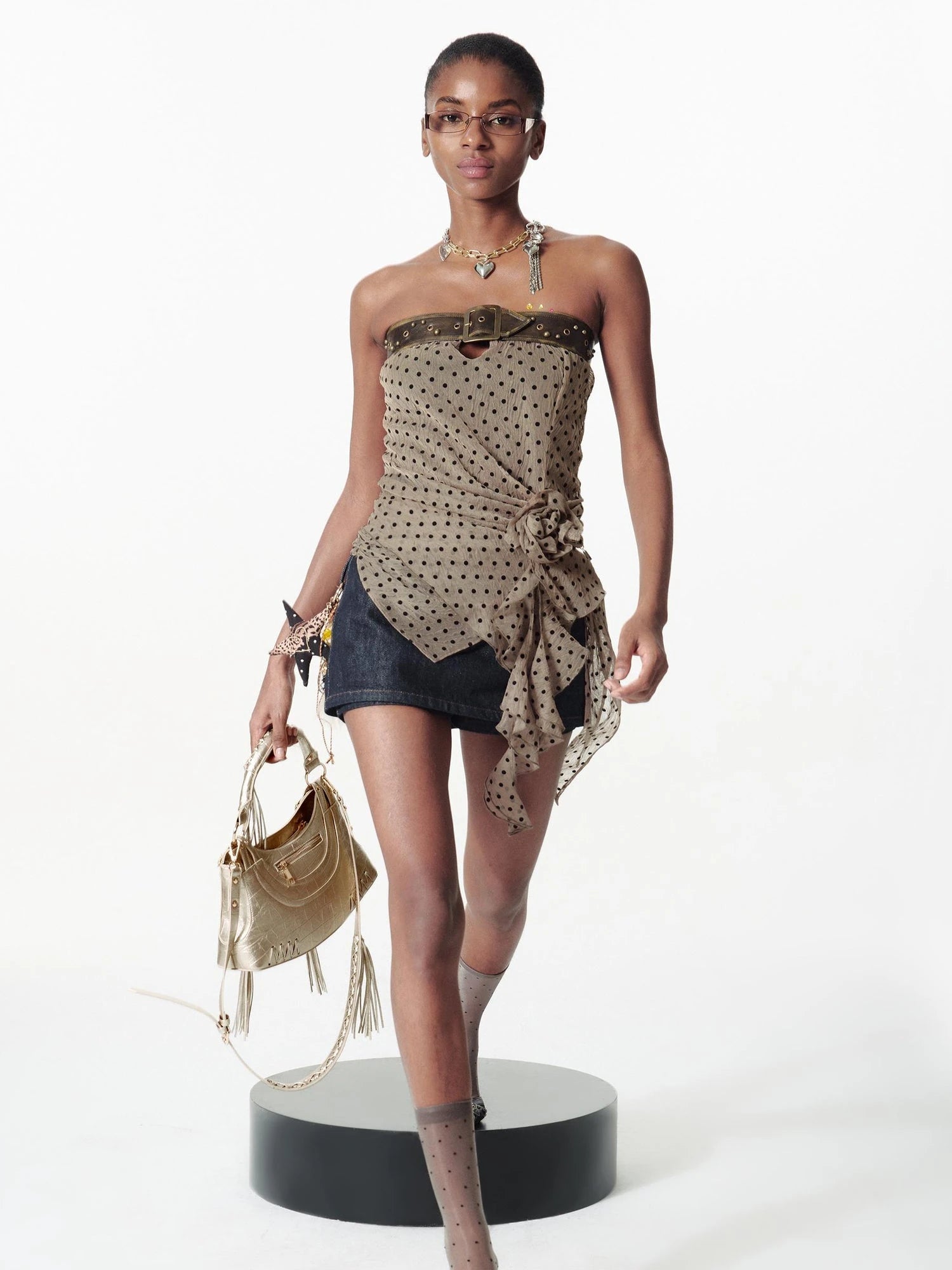 Removable Rose Floral Lace Peplum Studded Bustier Top