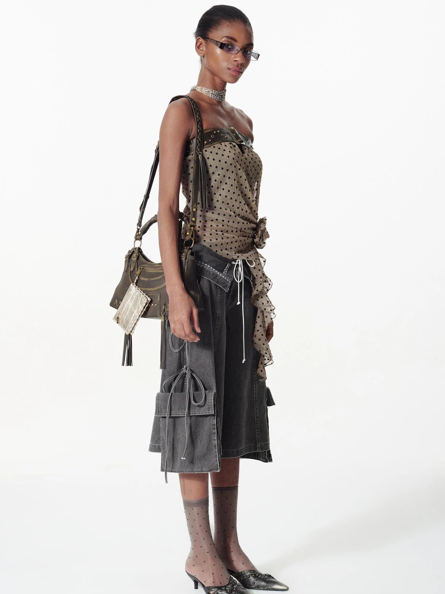 Removable Rose Floral Lace Peplum Studded Bustier Top