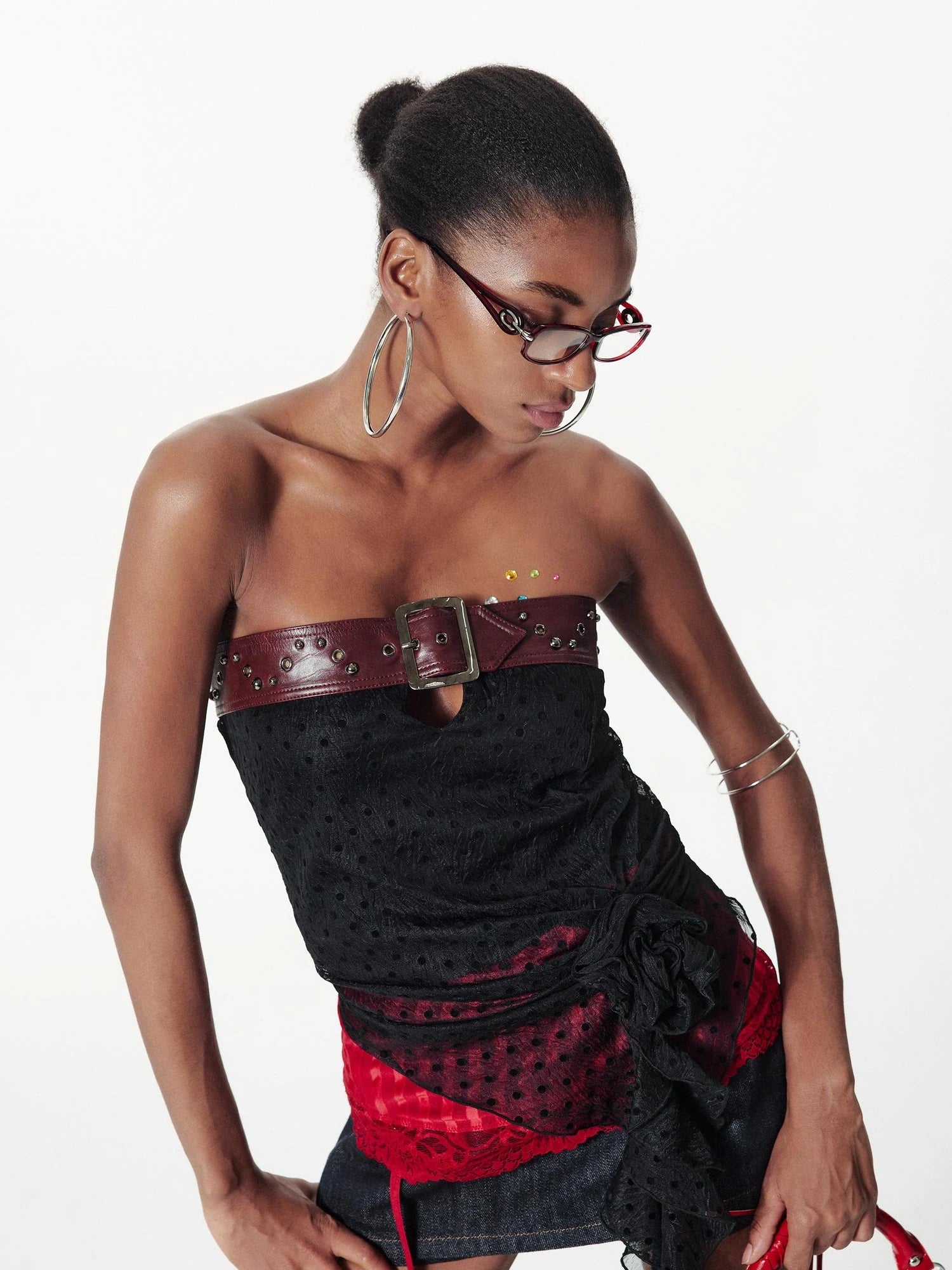 Removable Rose Floral Lace Peplum Studded Bustier Top