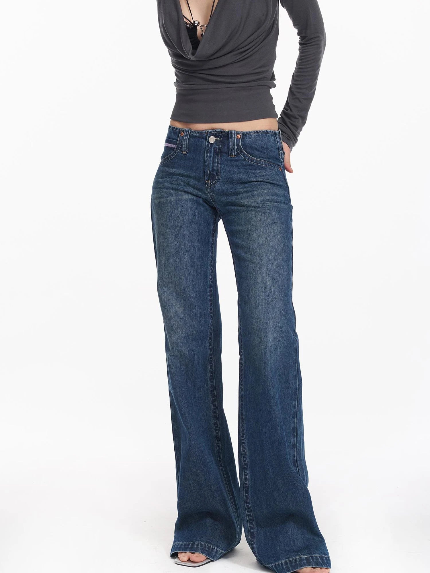 Retro Contrast Embroidered Low Rise Washed Blue Straight Jeans