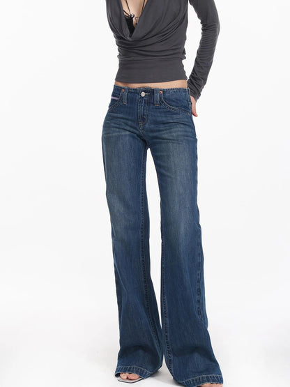 Retro Contrast Embroidered Low Rise Washed Blue Straight Jeans