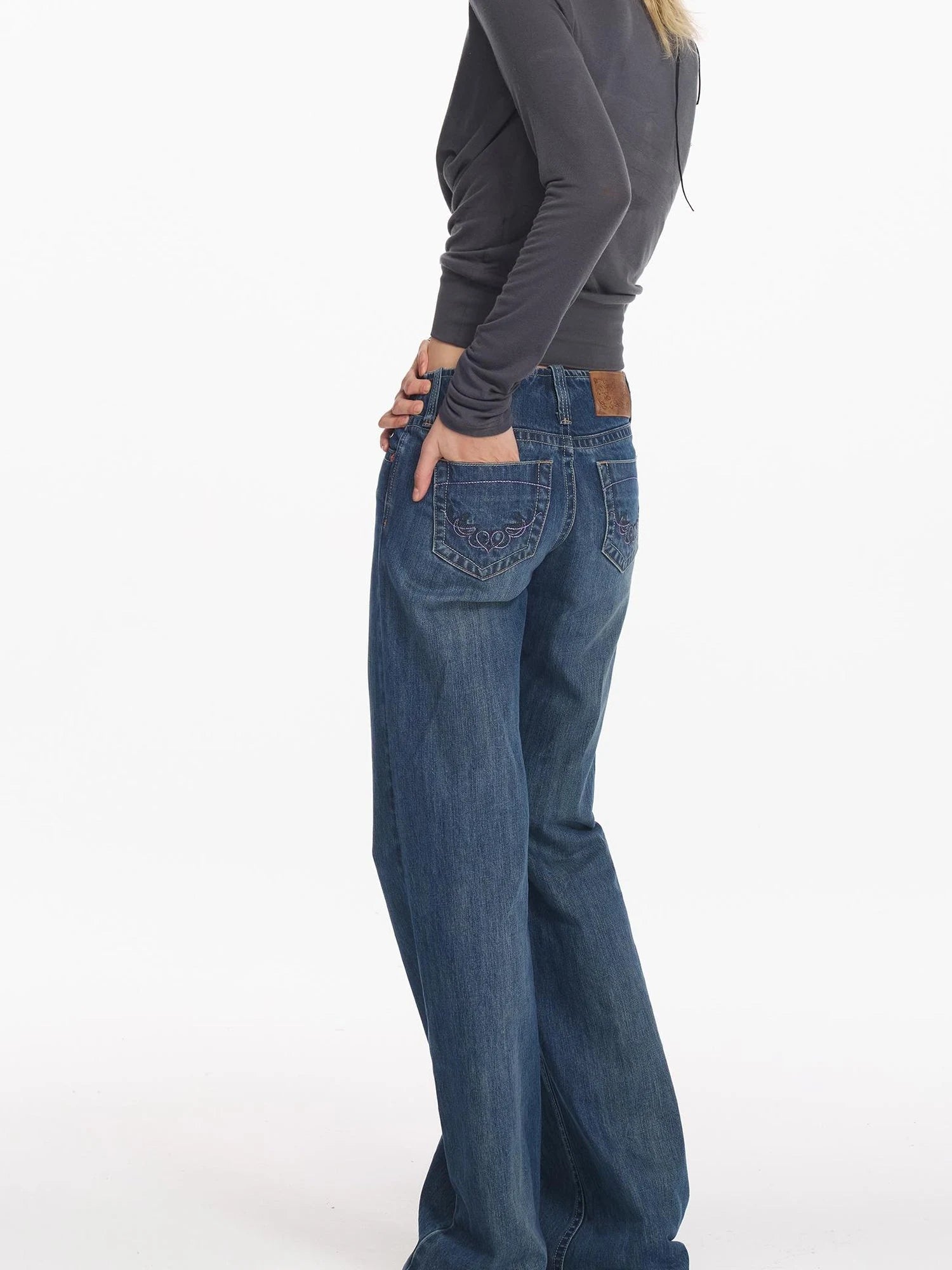 Retro Contrast Embroidered Low Rise Washed Blue Straight Jeans