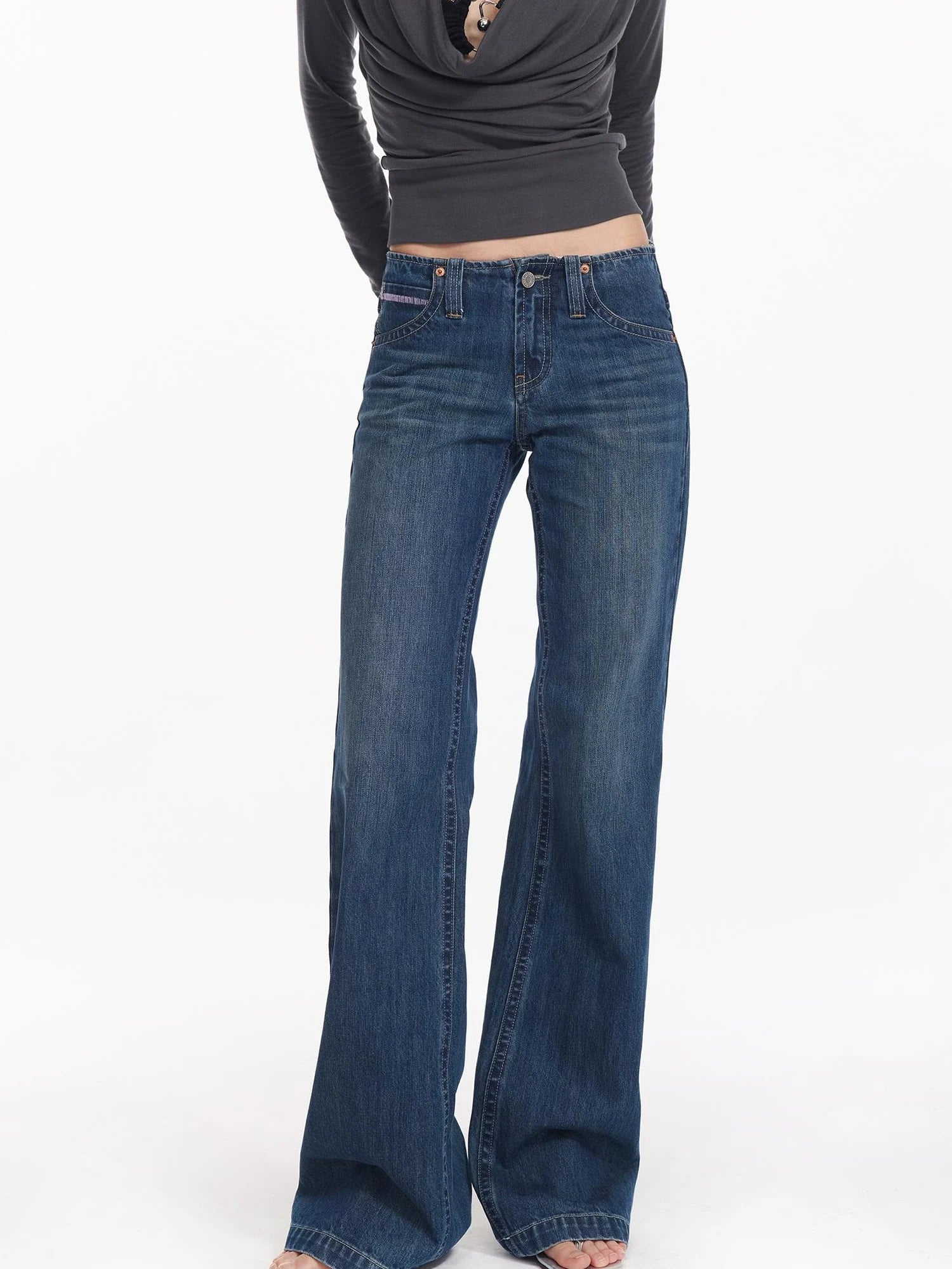 Retro Contrast Embroidered Low Rise Washed Blue Straight Jeans
