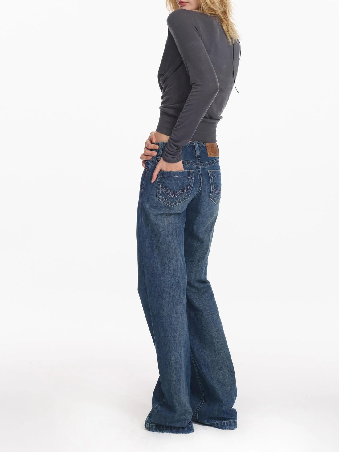 Retro Contrast Embroidered Low Rise Washed Blue Straight Jeans