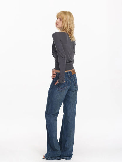 Retro Contrast Embroidered Low Rise Washed Blue Straight Jeans