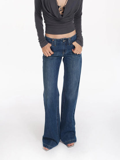 Retro Contrast Embroidered Low Rise Washed Blue Straight Jeans