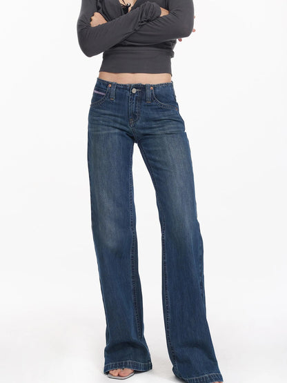 Retro Contrast Embroidered Low Rise Washed Blue Straight Jeans