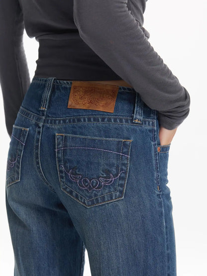Retro Contrast Embroidered Low Rise Washed Blue Straight Jeans
