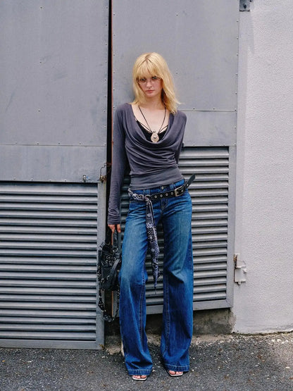Retro Contrast Embroidered Low Rise Washed Blue Straight Jeans