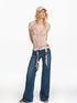 Retro Contrast Embroidered Low Rise Washed Blue Straight Jeans