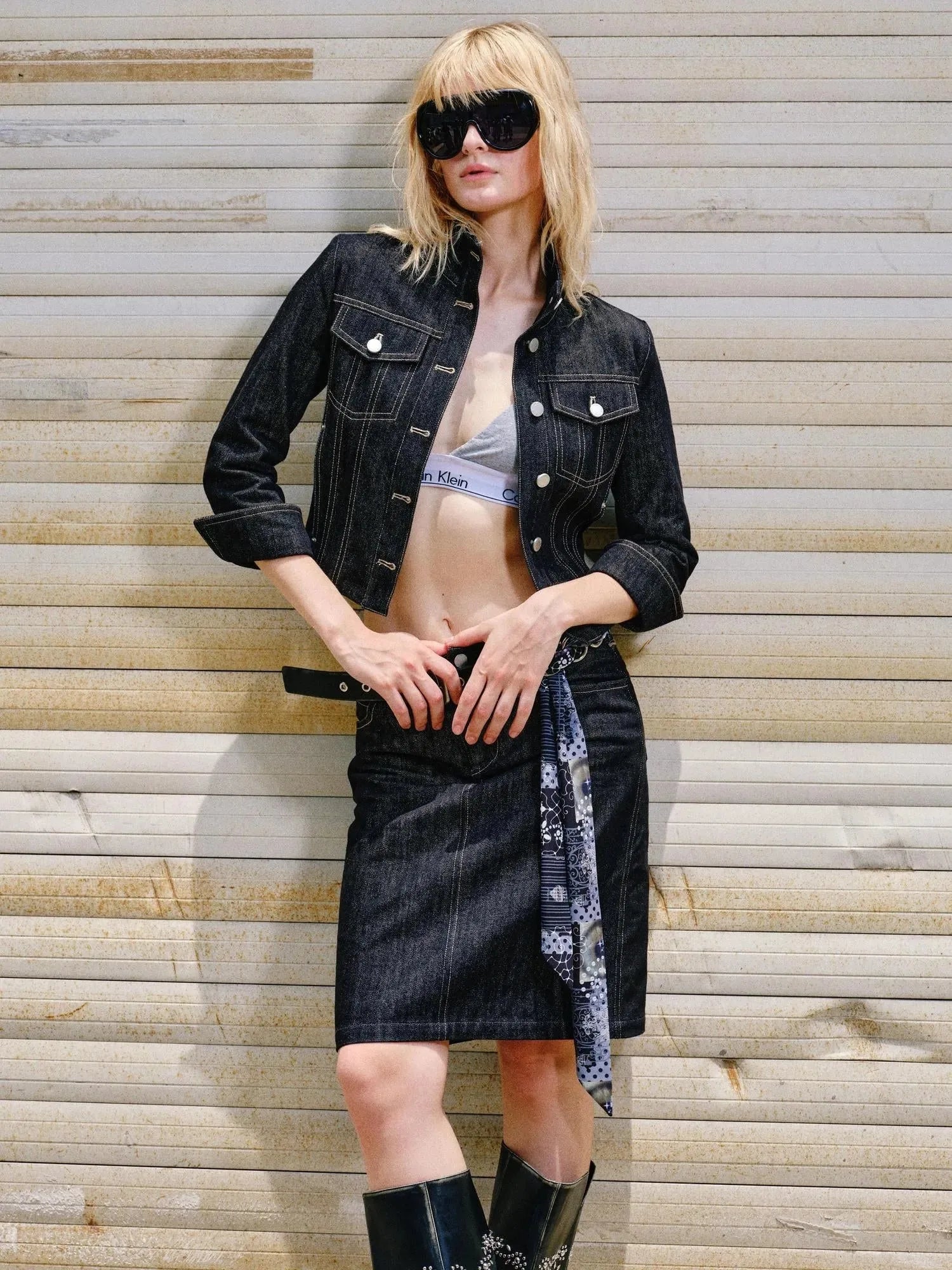 Retro Denim Jacket And Embroidered Straight Skirt Set