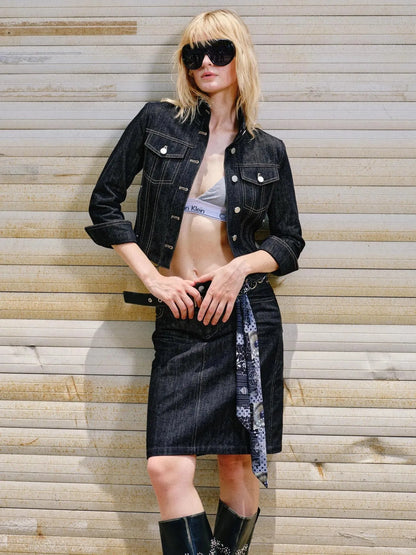 Retro Denim Jacket And Embroidered Straight Skirt Set