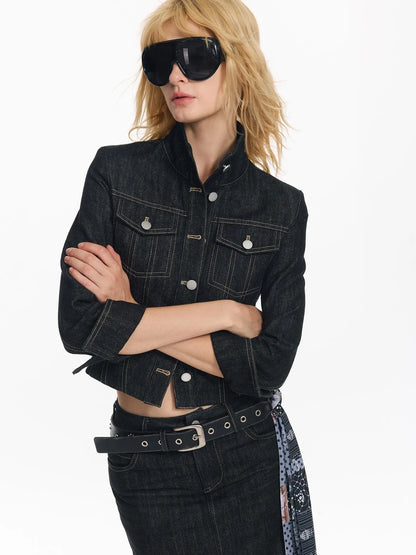 Retro Denim Jacket And Embroidered Straight Skirt Set