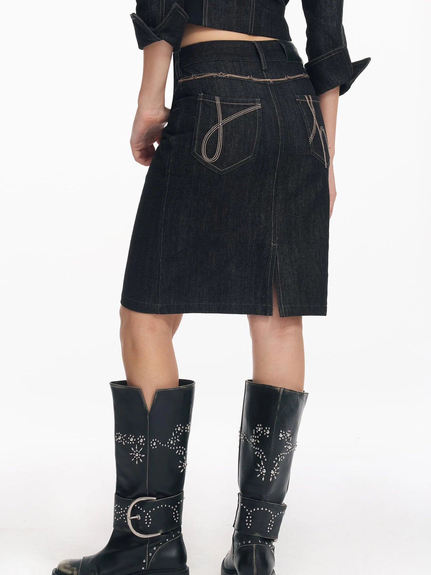 Retro Denim Jacket And Embroidered Straight Skirt Set