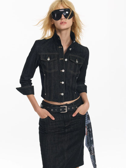 Retro Denim Jacket And Embroidered Straight Skirt Set