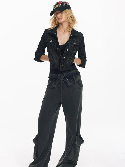 Retro Denim Jacket And Embroidered Straight Skirt Set