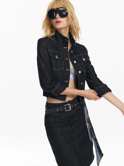 Retro Denim Jacket And Embroidered Straight Skirt Set