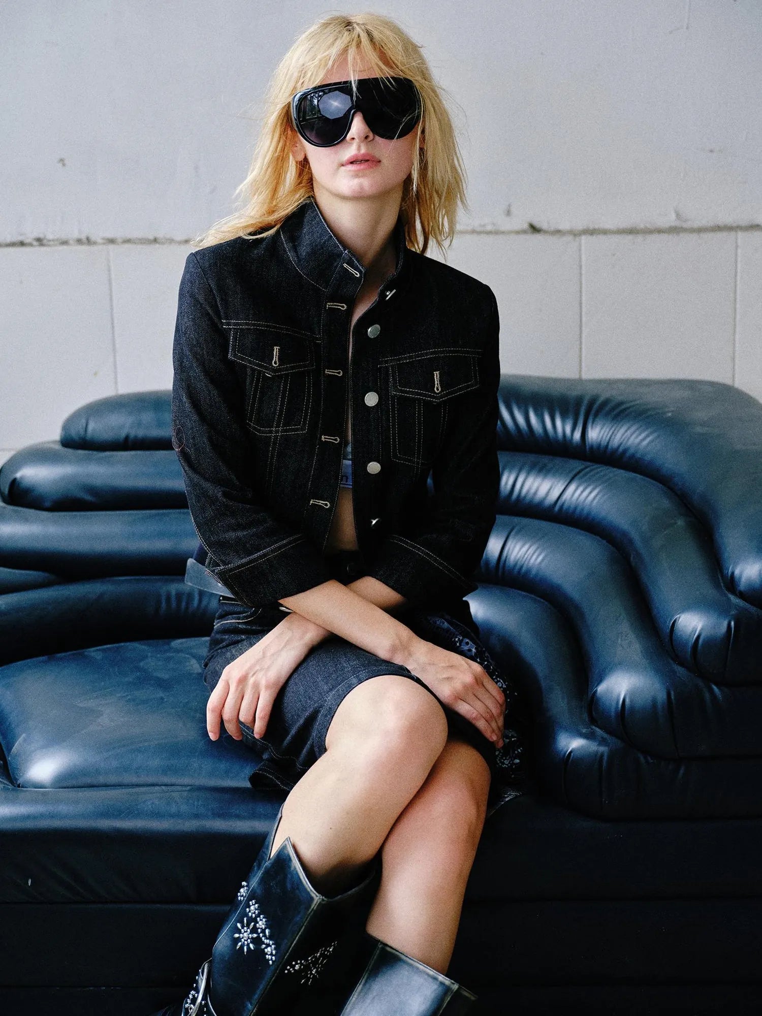 Retro Denim Jacket And Embroidered Straight Skirt Set