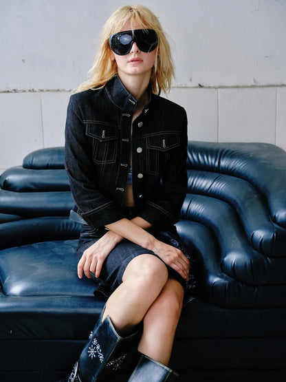 Retro Denim Jacket And Embroidered Straight Skirt Set