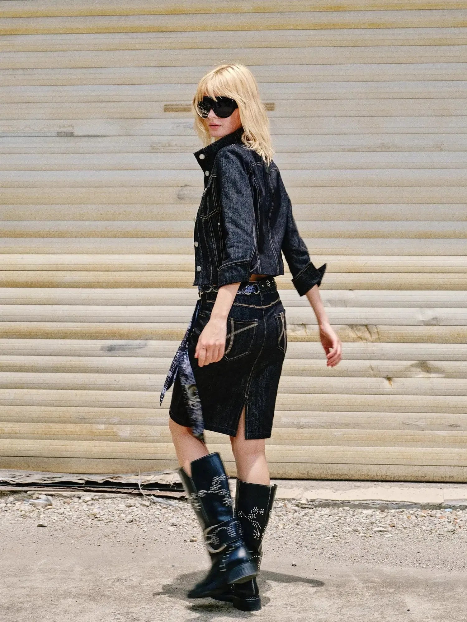 Retro Denim Jacket And Embroidered Straight Skirt Set