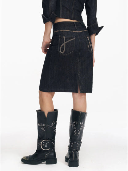 Retro Denim Jacket And Embroidered Straight Skirt Set