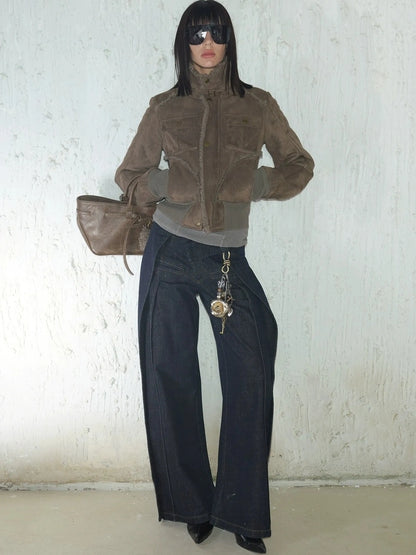 2th Desire Retro Fur Trim Ribbed Stand Collar Short Jacket Jacket