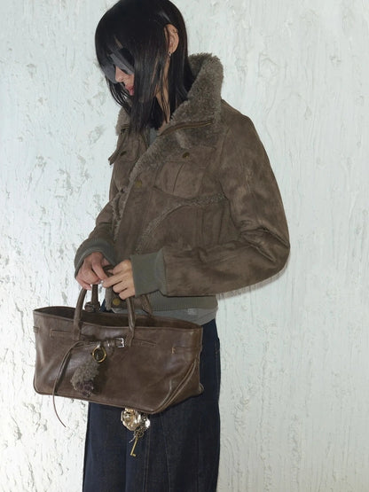 2th Desire Retro Fur Trim Ribbed Stand Collar Short Jacket Jacket