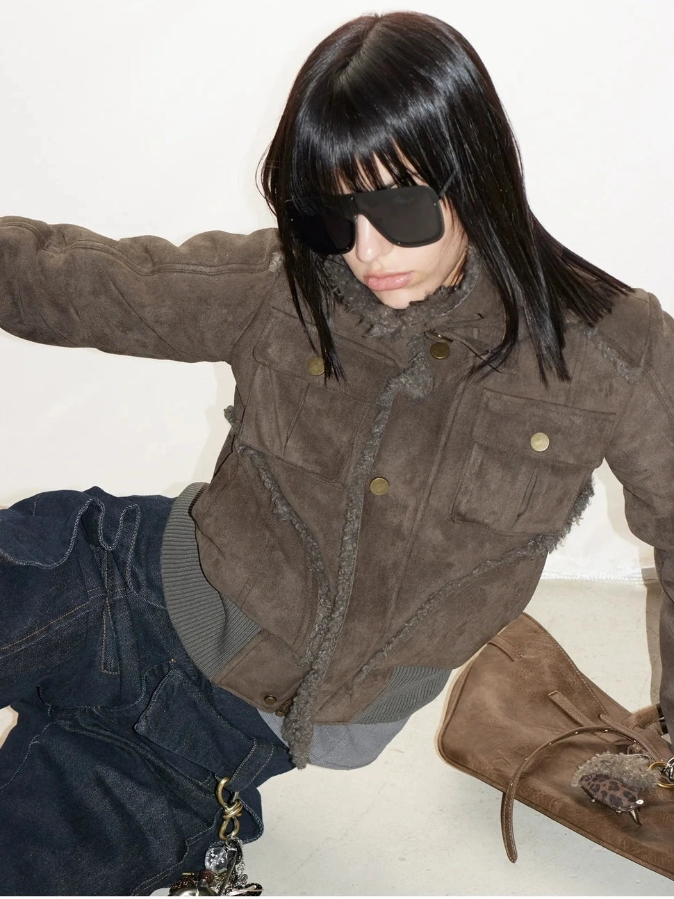 2th Desire Retro Fur Trim Ribbed Stand Collar Short Jacket Jacket