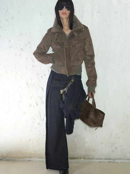 2th Desire Retro Fur Trim Ribbed Stand Collar Short Jacket Jacket