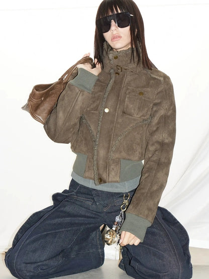 2th Desire Retro Fur Trim Ribbed Stand Collar Short Jacket Jacket