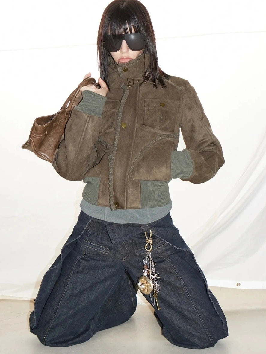 2th Desire Retro Fur Trim Ribbed Stand Collar Short Jacket Jacket