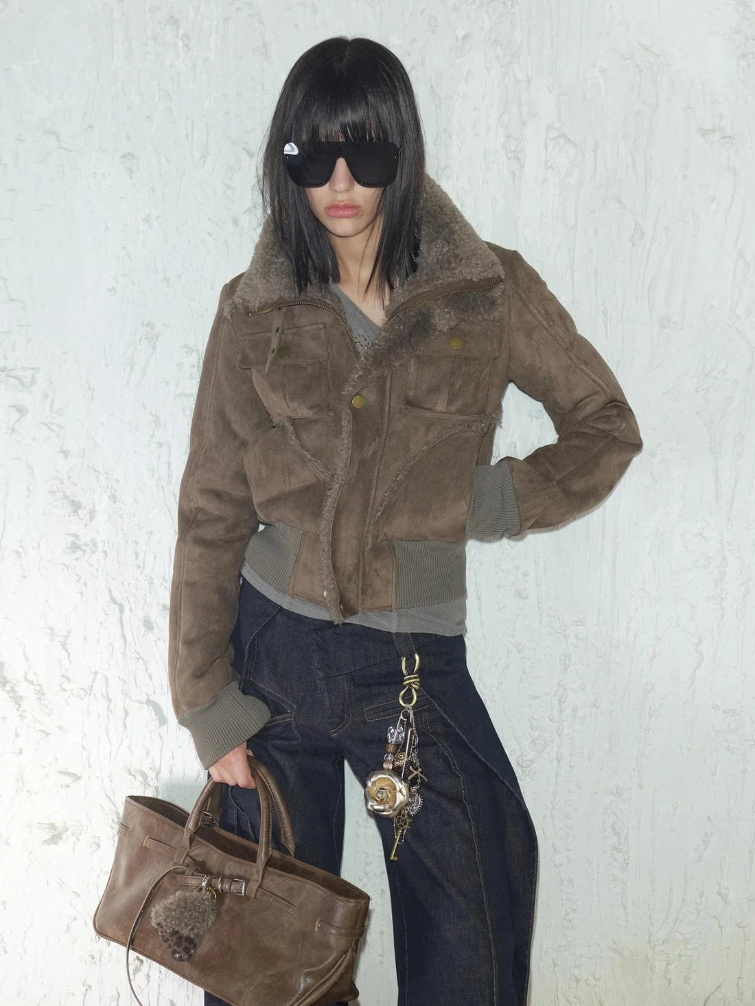 2th Desire Retro Fur Trim Ribbed Stand Collar Short Jacket Jacket