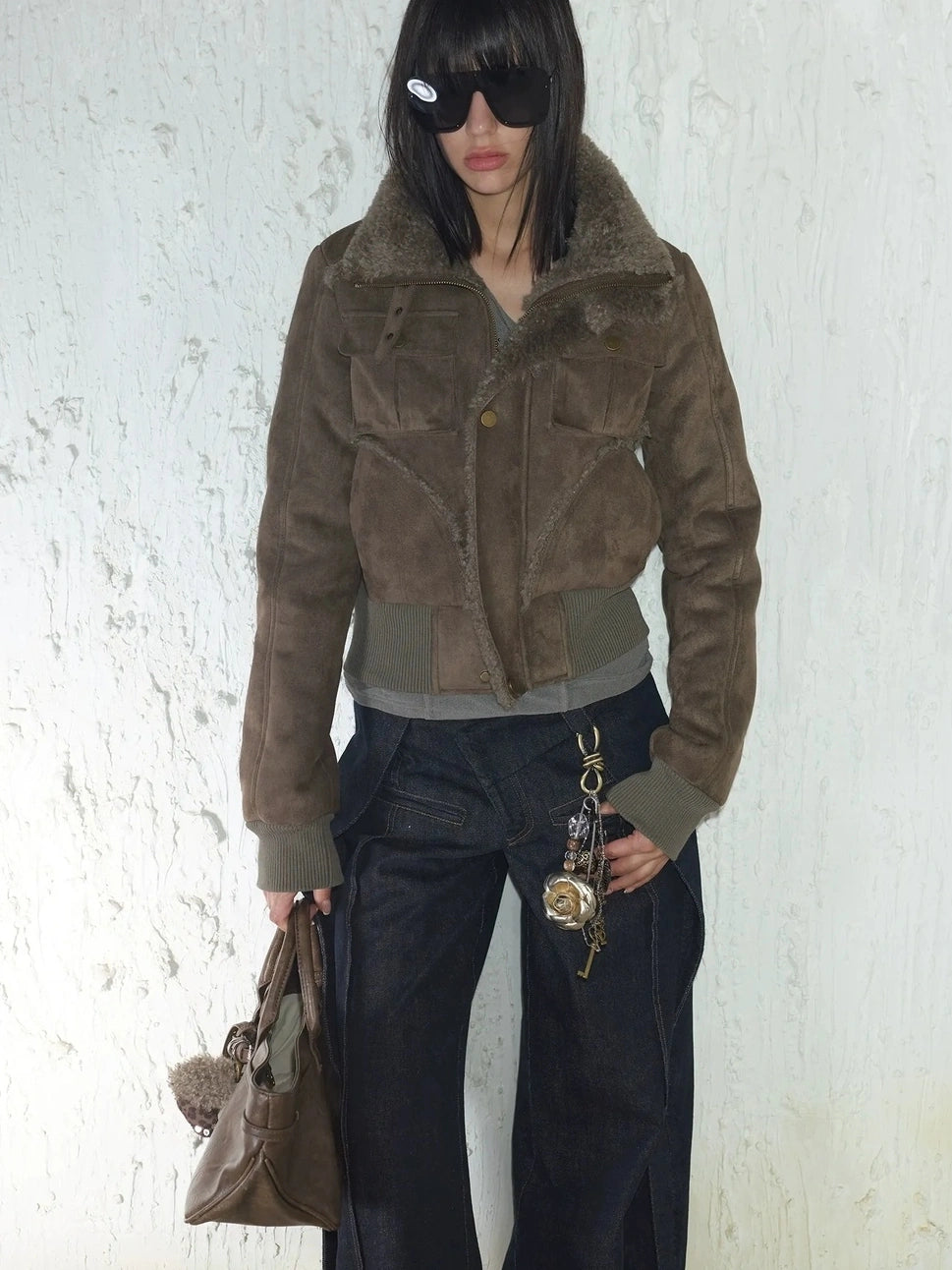 2th Desire Retro Fur Trim Ribbed Stand Collar Short Jacket Jacket