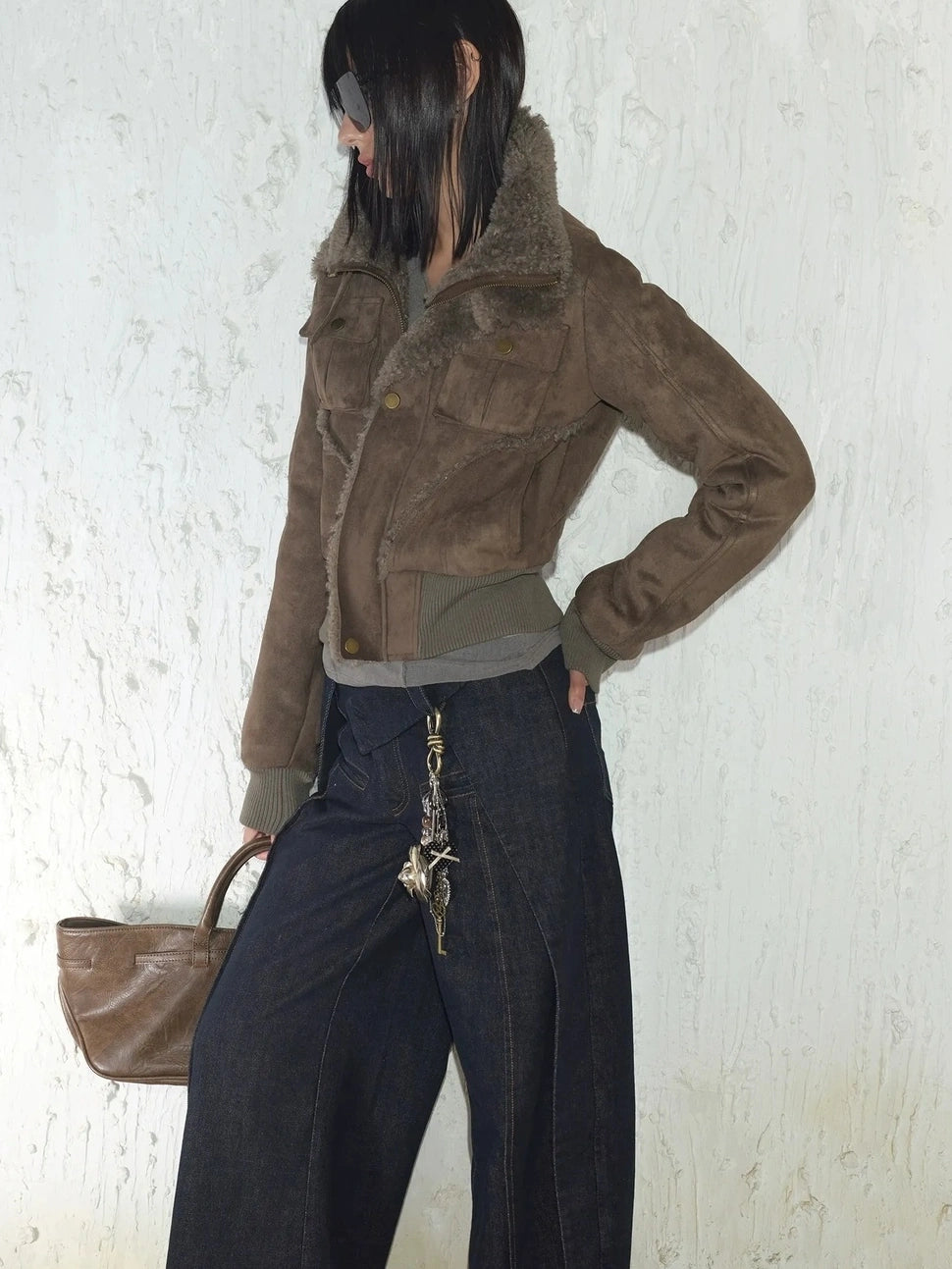 2th Desire Retro Fur Trim Ribbed Stand Collar Short Jacket Jacket