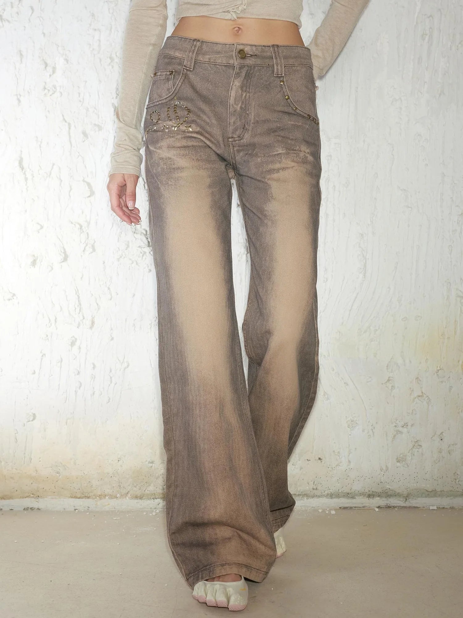 Retro Mud Dyed Straight Low Rise Embroidered Rhinestone Ripped Jeans