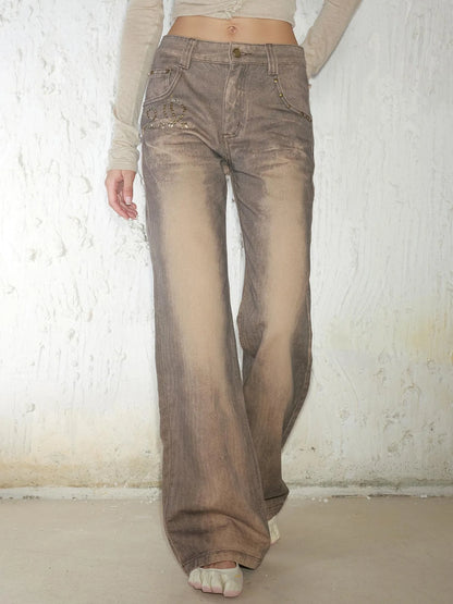 Retro Mud Dyed Straight Low Rise Embroidered Rhinestone Ripped Jeans