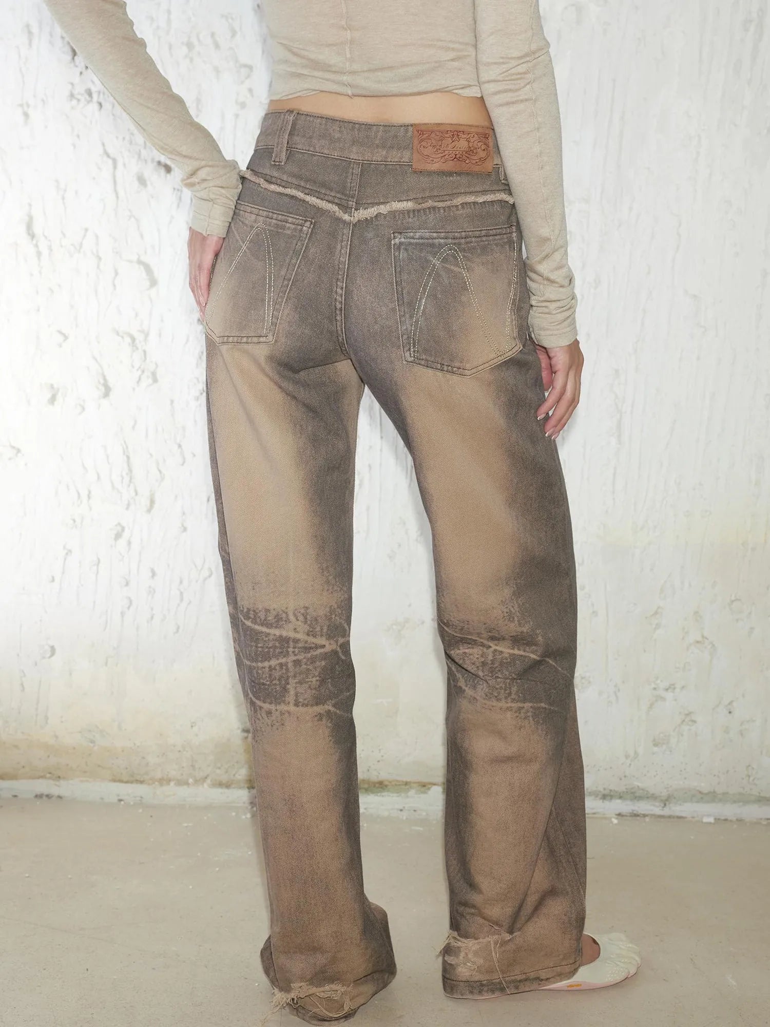 Retro Mud Dyed Straight Low Rise Embroidered Rhinestone Ripped Jeans