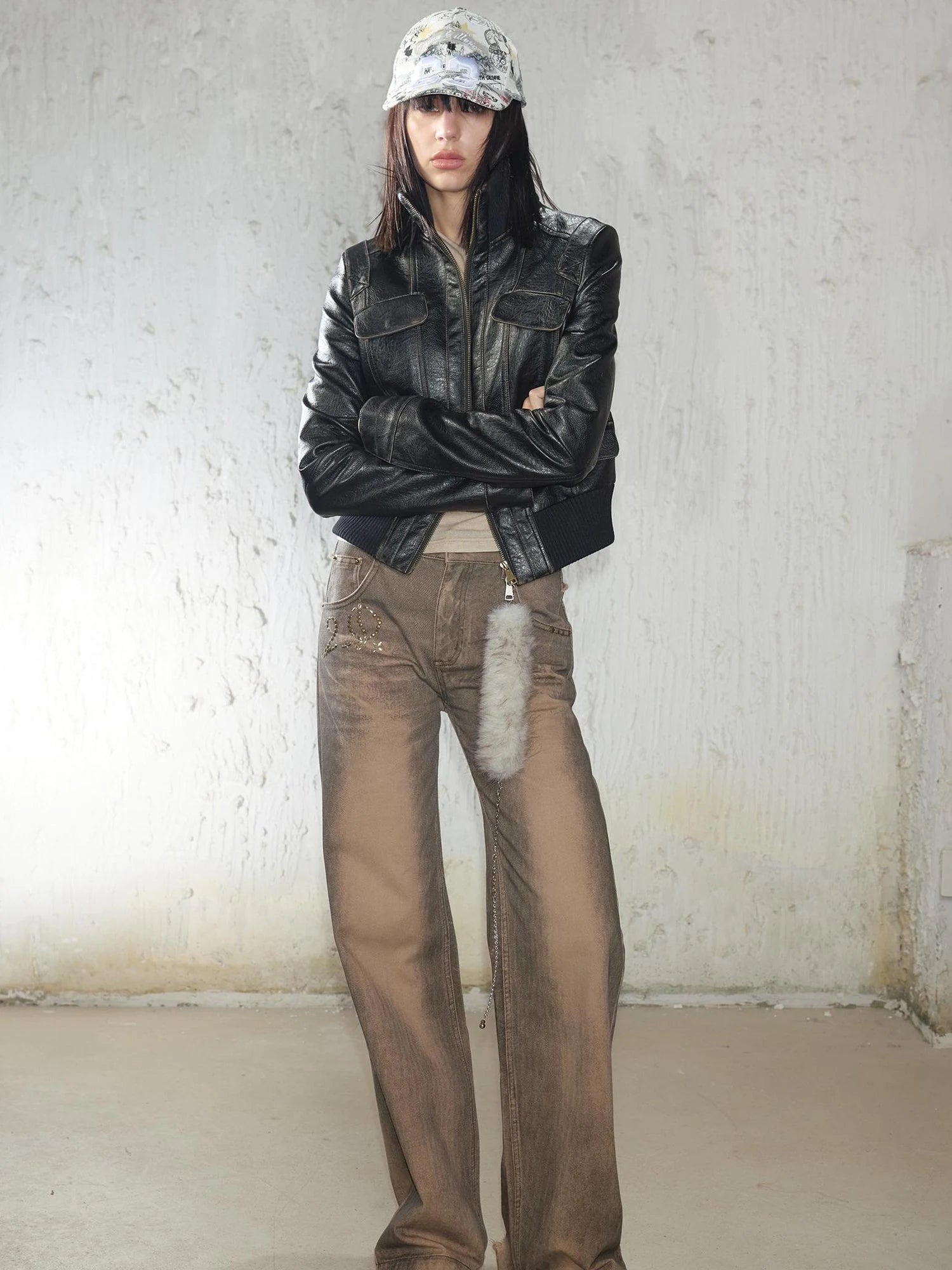 Retro Mud Dyed Straight Low Rise Embroidered Rhinestone Ripped Jeans