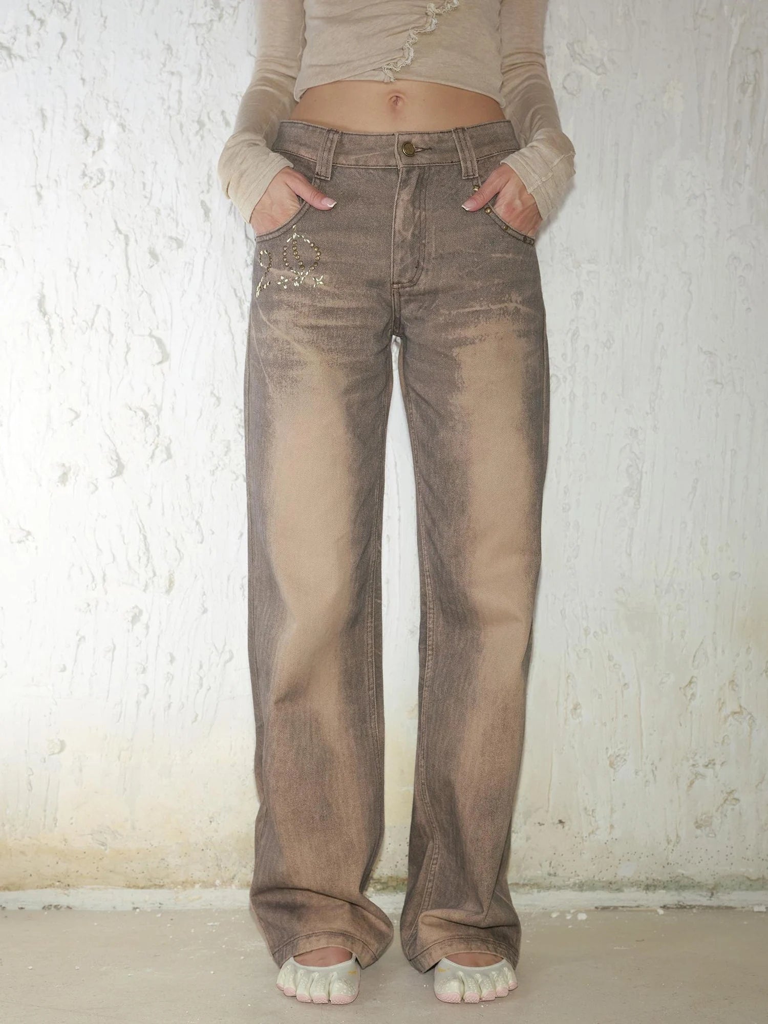 Retro Mud Dyed Straight Low Rise Embroidered Rhinestone Ripped Jeans