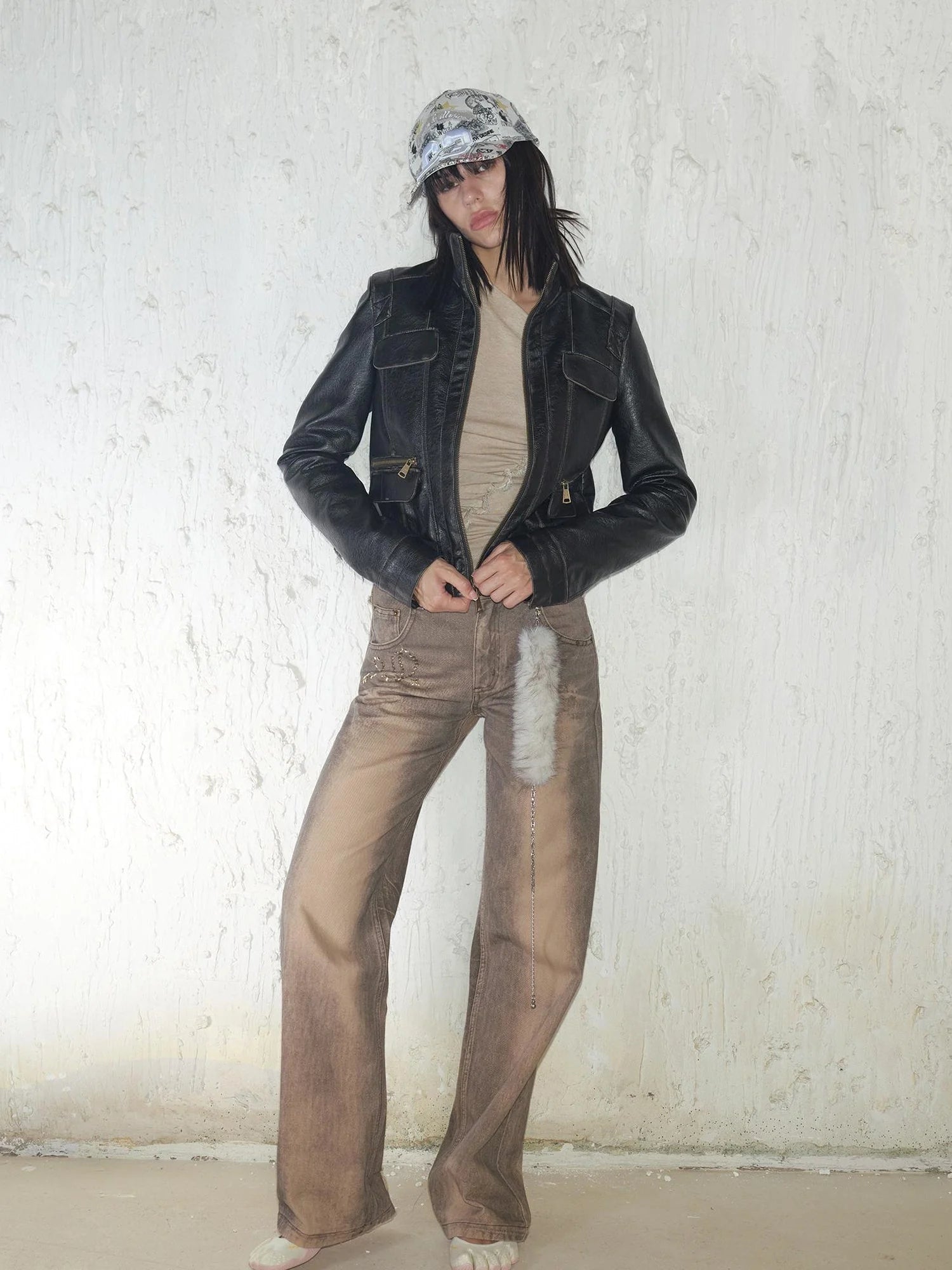 Retro Mud Dyed Straight Low Rise Embroidered Rhinestone Ripped Jeans