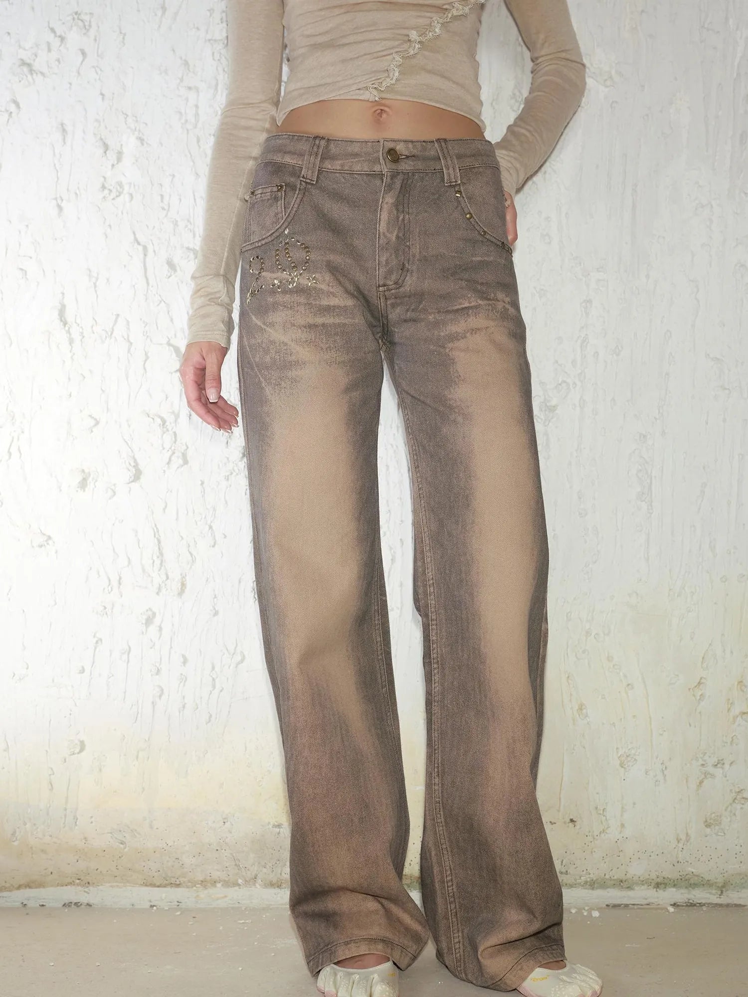 Retro Mud Dyed Straight Low Rise Embroidered Rhinestone Ripped Jeans