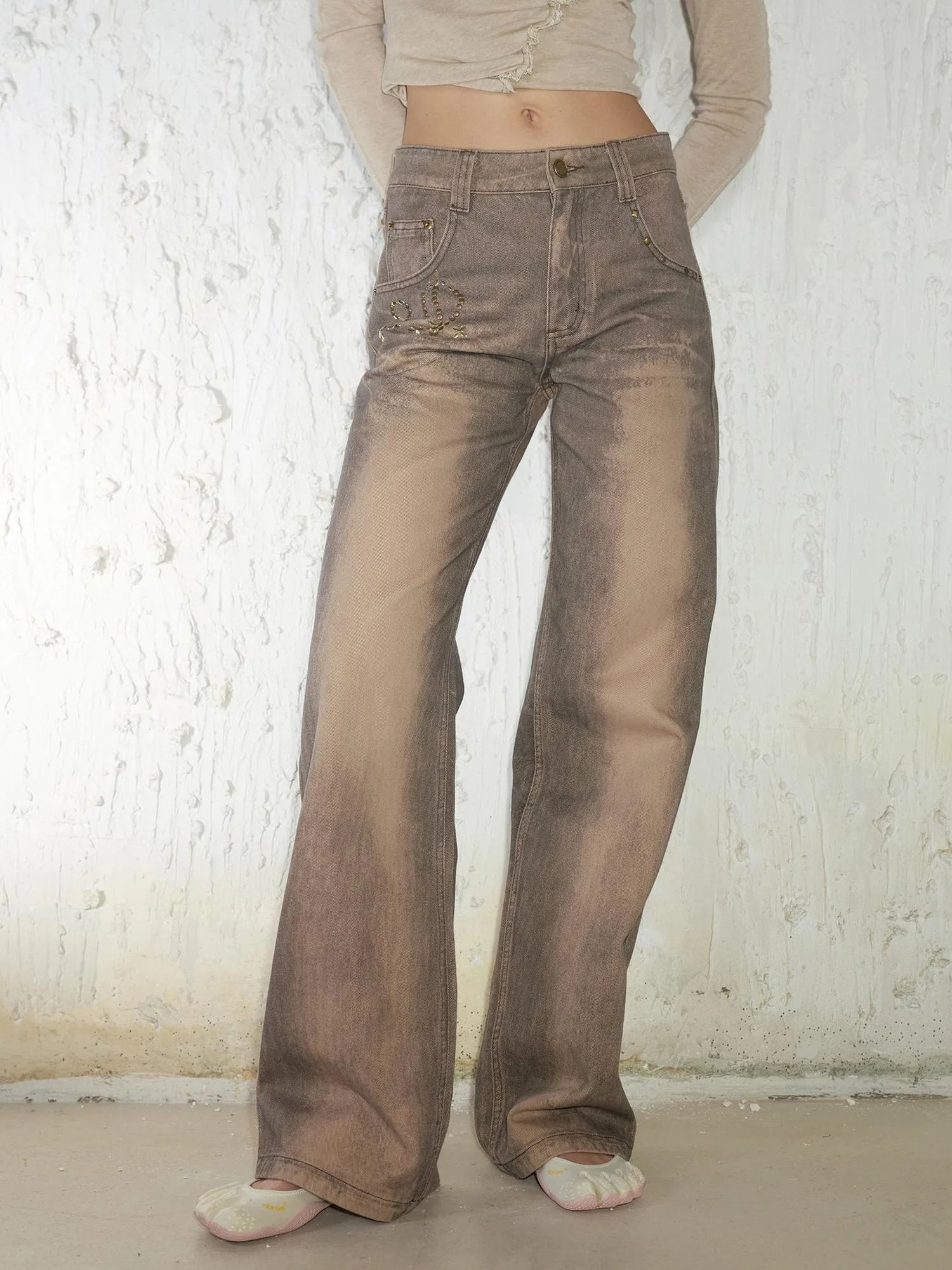 Retro Mud Dyed Straight Low Rise Embroidered Rhinestone Ripped Jeans