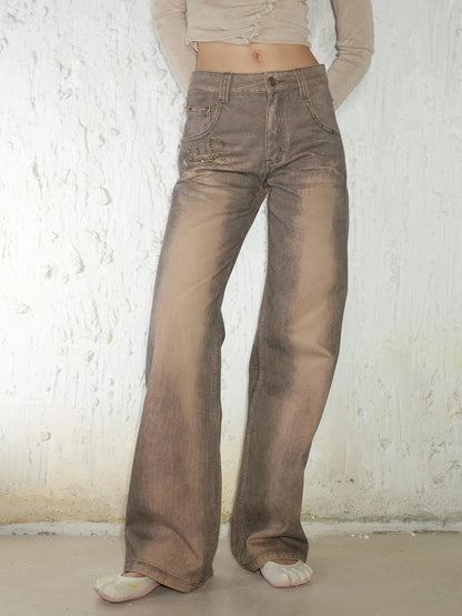Retro Mud Dyed Straight Low Rise Embroidered Rhinestone Ripped Jeans