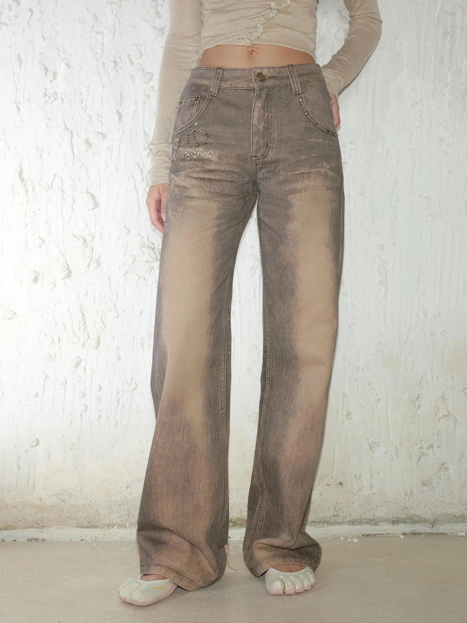 Retro Mud Dyed Straight Low Rise Embroidered Rhinestone Ripped Jeans