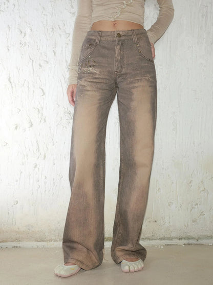 Retro Mud Dyed Straight Low Rise Embroidered Rhinestone Ripped Jeans