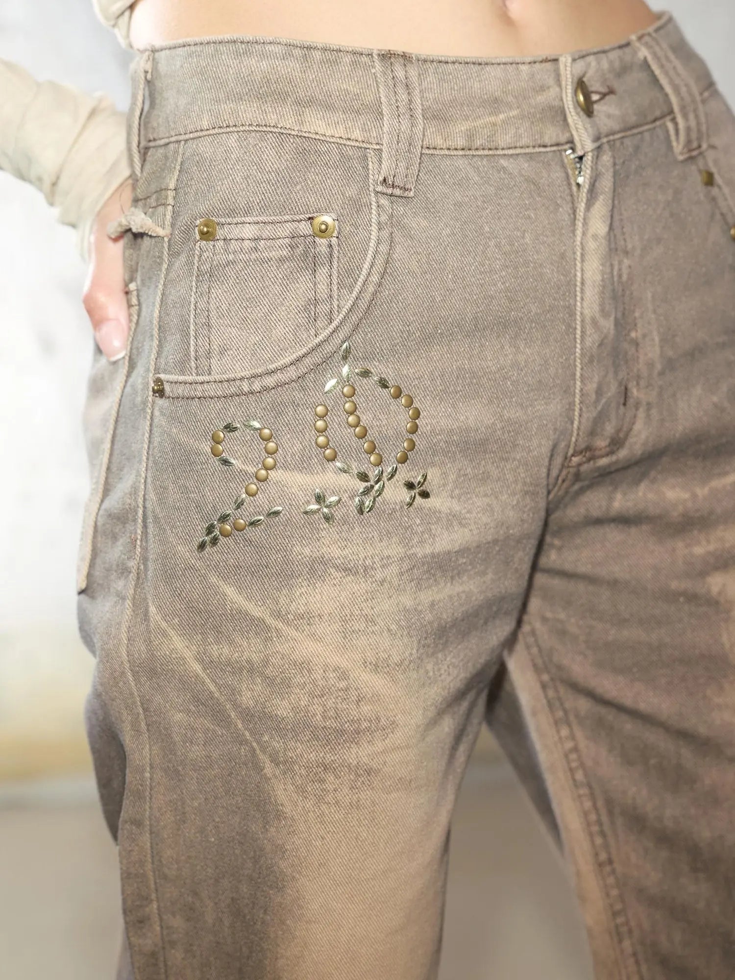 Retro Mud Dyed Straight Low Rise Embroidered Rhinestone Ripped Jeans