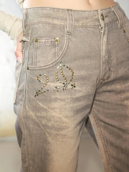 Retro Mud Dyed Straight Low Rise Embroidered Rhinestone Ripped Jeans