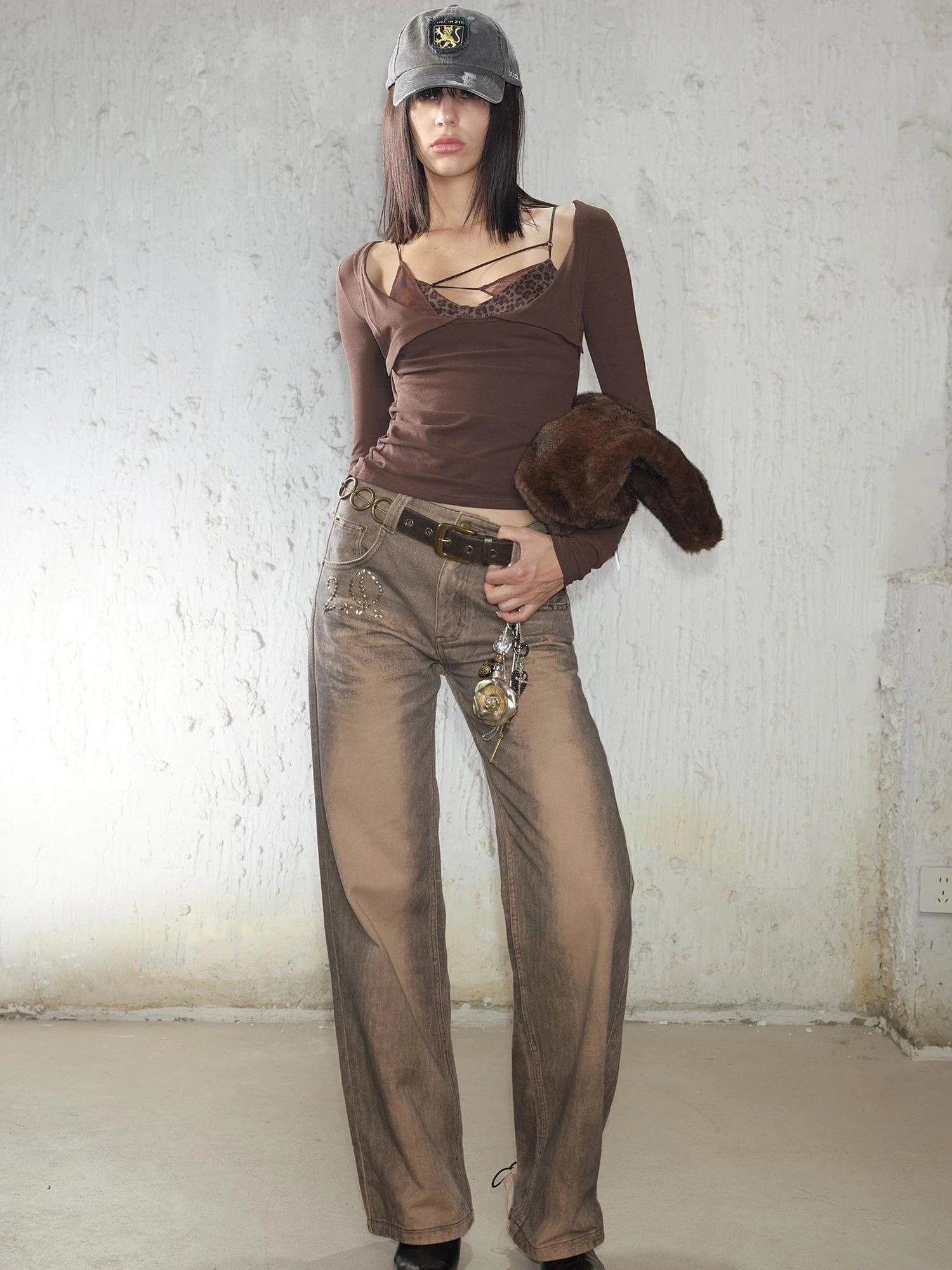 Retro Mud Dyed Straight Low Rise Embroidered Rhinestone Ripped Jeans
