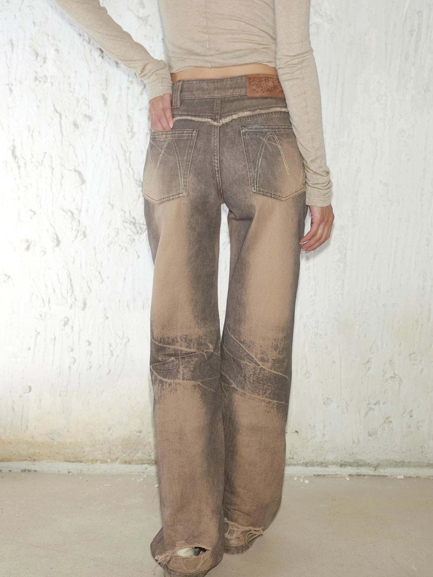 Retro Mud Dyed Straight Low Rise Embroidered Rhinestone Ripped Jeans